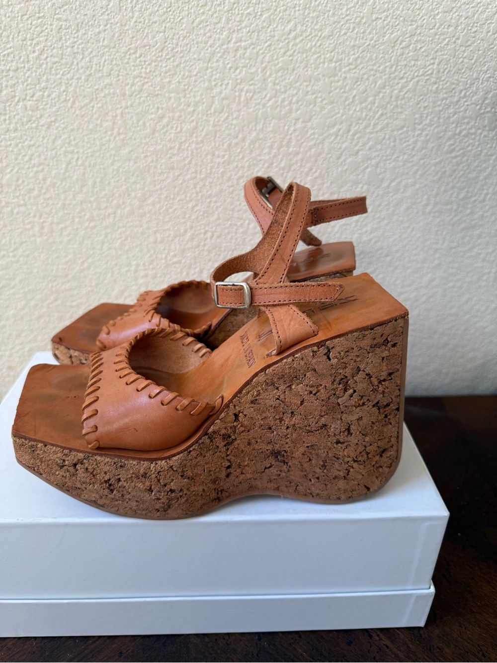 VTG 90s Sonax Spain Cork Platform Wedge Sandals EU 36 US 5.5-6 Cognac Leather - Picture 3 of 14